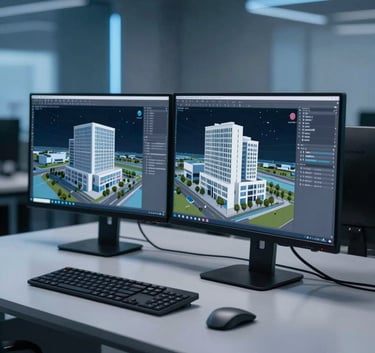 A sleek, modern architectural workstation showing a complex 3D Revit building model on dual monitors. The room is dimly lit with professional blue highlights (#2E5F7B) and clean, sharp lines reflecting a high-tech corporate environment.