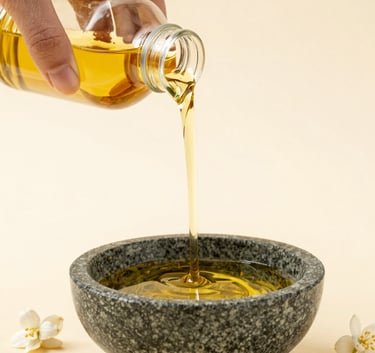 A close-up of a hand pouring warm, golden herbal oil into a stone bowl, surrounded by white jasmine flowers on a warm off-white background.