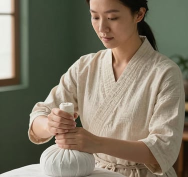 A serene practitioner in traditional light-colored cotton attire preparing an herbal compress in a bright, modern studio with dark slate green accents.