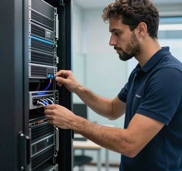 A professional IT technician in a clean, modern workspace examining a server rack, South American / Brazilian environment, bright and clear lighting with accents of soft blue and silver.