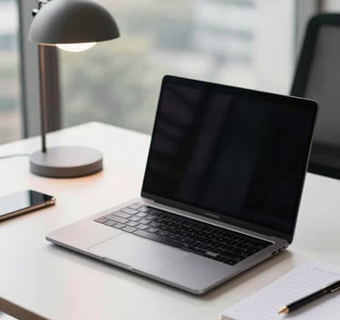 A sleek, modern high-end laptop on a clean desk with a minimalist lamp and a professional notebook in a South American / Brazilian office setting, soft natural daylight, professional and efficient atmosphere.