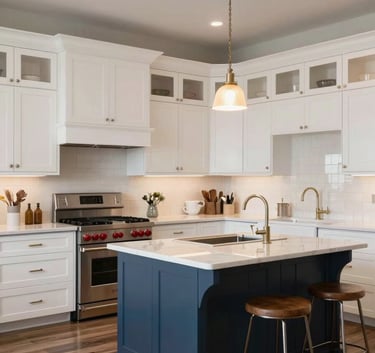 Interior photography of a recently renovated luxury kitchen, featuring custom white cabinets and a dark blue center island, professional lighting, North American / Texan upscale home style.