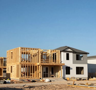 A wide-angle professional photograph of a luxury residential construction site in Texas, featuring modern architectural framing against a bright blue sky, North American style home development.