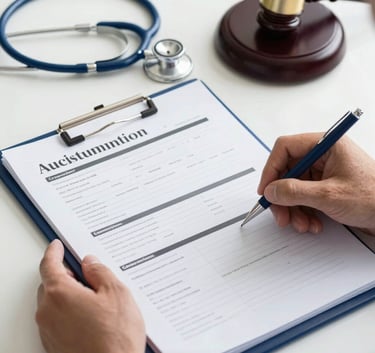 A detailed photograph of a professional analyzing a medical history folder and a forensic autopsy report on a clean desk. A stethoscope and a legal gavel rest nearby. Latin American / Spanish medical-legal context, bright clinical lighting with Slate Blue accents.