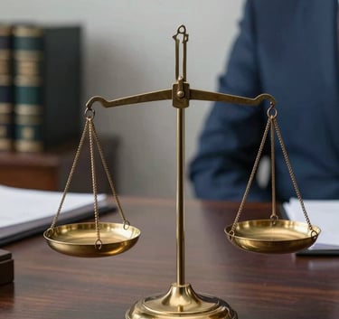 A close-up photograph of a classic balance scale of justice made of polished brass on a mahogany desk, with blurred legal leather-bound books in the background. Professional Latin American law office setting, soft natural light, featuring tones of Dark Blue and Gray.