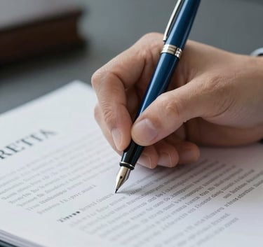 Close-up of a hand signing a legal document with a premium fountain pen, reflecting professional trust and official business setup, brand colors #212A3E and #687C92 incorporated in the shadows and pen detail.