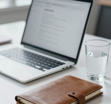 A high-end, tidy corporate workspace featuring a laptop, a leather-bound notebook, and a glass of water on a desk, soft professional lighting, using a palette of #212A3E and #F5F7F8.