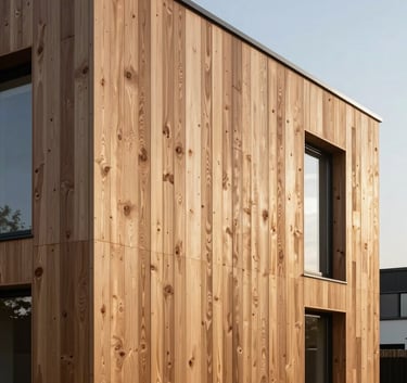 Professional photography of modern timber siding (bardage) on a contemporary residence, elegant lines, soft morning light, Western European / French architectural style.