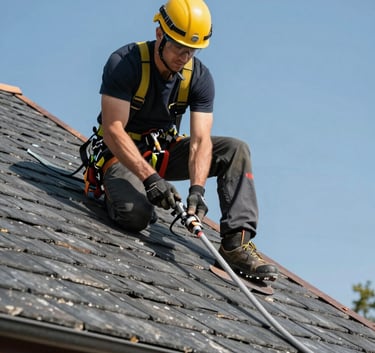 A professional roofer in safety gear working on a slate roof of a Western European style house, clear blue sky, focused on precise craftsmanship and high-quality materials.