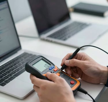 A macro shot of a technician's hands in a professional uniform using a digital tester on a laptop power cable, set in a clean, modern corporate environment with #0D1C2B and #F0F2F5 tones.