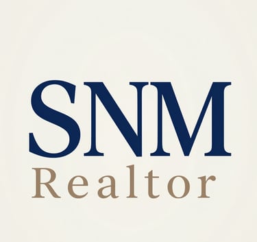 A professional real estate consultant logo for SNM Realtor, featuring clean lines, deep blue and taupe colors, sophisticated minimalist font on an off-white background.