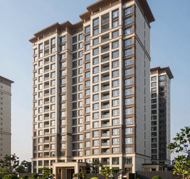 Luxury high-rise residential apartment complex in Noida, South Asian / Indian landscaping with manicured gardens and blue sky, realistic high-definition property photography.