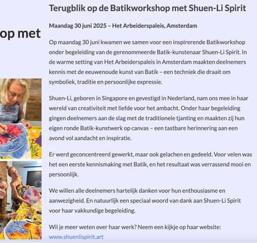 Vereniging Nederland Maleisië, batik workshop, shuen li spirit, amsterdam, VNM, arbeiderspaleis
