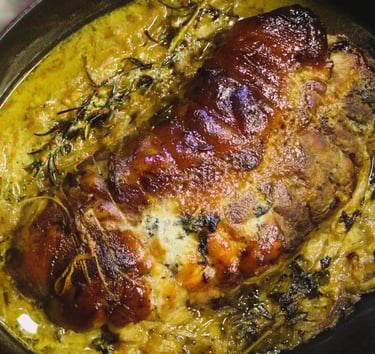 roti de porc fermier miel moutarde oignons caramélisés, compotée d'oignons ,cuisson lente basse temp