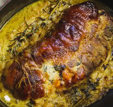 roti de porc fermier miel moutarde oignons caramélisés