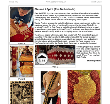 Article in batik guild magazine march 2024 issue 112 written by Shuen-Li Spirit about Batik Prada