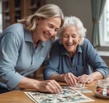 Mujeres divirtiéndose haciendo un puzle juntas