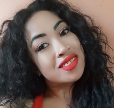 a sexy lady with red dress and smiling