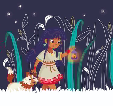 Children’s book illustrator style – exploring girl with dog
