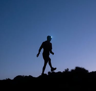a person walking on a hill with a blue sky in the background