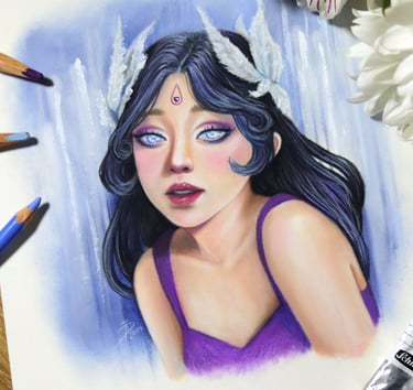 drawing of a girl with feathers in her hair