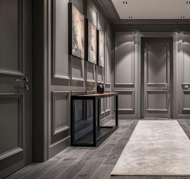a hallway with a long hallway with a bench and a bench