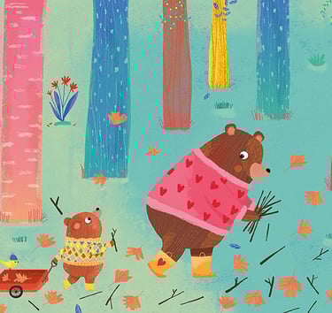 Children’s book illustrator style – whimsical bear family in green forest