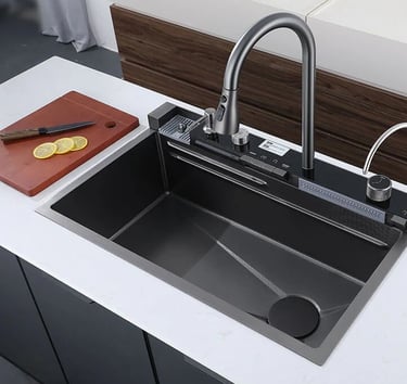 a kitchen sink and a cutting board