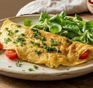 Savory omelette with aged cheese and Parma ham — simple, protein-rich Mediterranean breakfast.