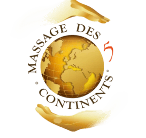 Logo du Massage des 5 Continents montrant un globe doré entouré de deux mains protectrices.