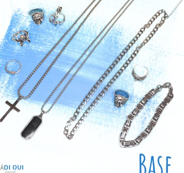 a collection of jewelry and jewelry on a blue background