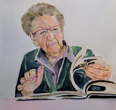 Elderly lady going through a book, watercolor portrait, very serene atmosphere