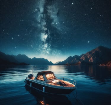 Barco fondeado en el mar de noche bajo las estrellas