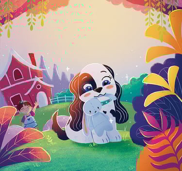 Children’s book illustrator style - colorful whimsical dog and girl in a barn 