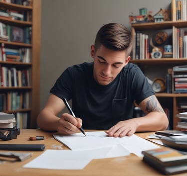 a man riding a skateboard down a street next to tall buildings