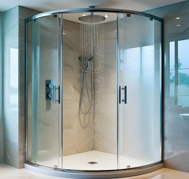 Curved glass shower with overhead rain shower in a renovated Auckland bathroom