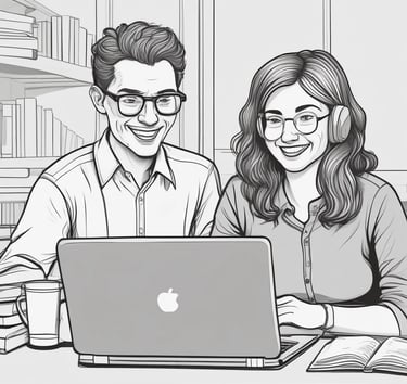 Illustration of a small group of adults collaborating and smiling over study notes.