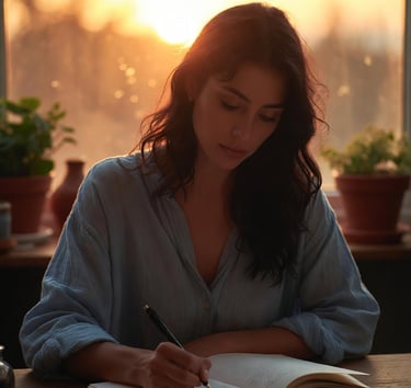 A woman writing in a journal at a wooden desk during a golden hour sunset.