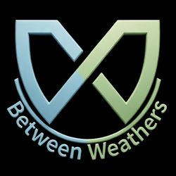 Between Weathers logo featuring a stylized silver and green infinity shield symbol on a black background.