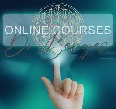 A finger touching a digital button for online courses by Dr. Berges with a sacred geometry symbol.