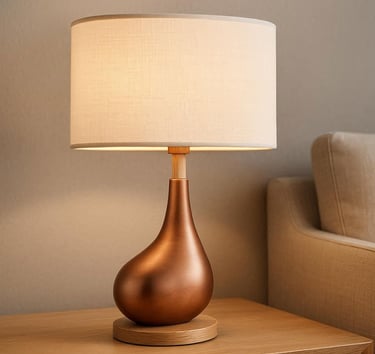 Brass shaped oval base with lilen shade table lamp