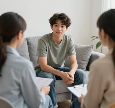 A psychologist warmly interacting with a child, hands painted in autism colors, fostering connection.