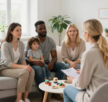A psychologist warmly interacting with a child, hands painted in autism colors, fostering connection.