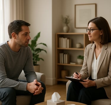 A psychologist warmly interacting with a child, hands painted in autism colors, fostering connection.