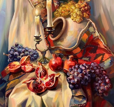 Traditional Armenian still life painting by Meruzhan Khachatryan featuring cultural objects and inst