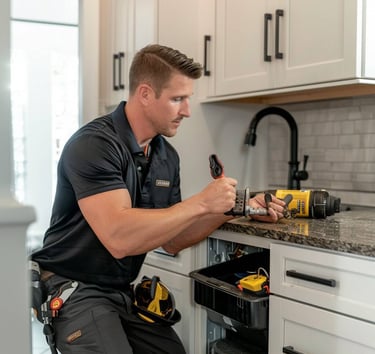 Professional Serviceman repairing kitchen dishwasher leaning over counter