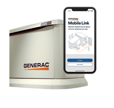 A generac generator showcasing a cell phone with the mobile-link app