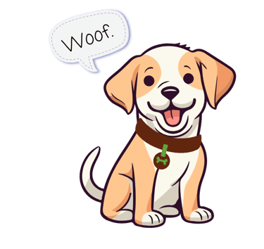 The Julia's Pet Pal dog with a red collar sitting down with a speech bubble that says 'Woof!"