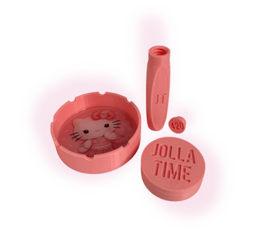 Pink Hello Kitty themed ashtray and smoking accessories set including a grinder and storage tube.