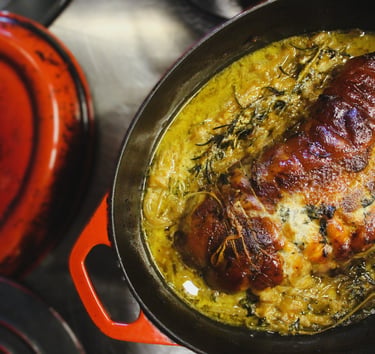 roti de porc fermier miel moutarde oignons caramélisés
